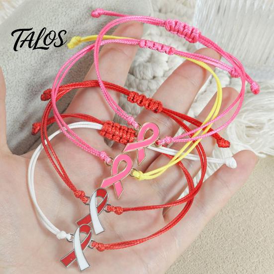 Braided Rope Wristband 2 Pcs Breast Cancer Awareness Bracelets, Adjustable String Comfortable Daily Wear Jewelry Bracelets with Ribbon Charm,