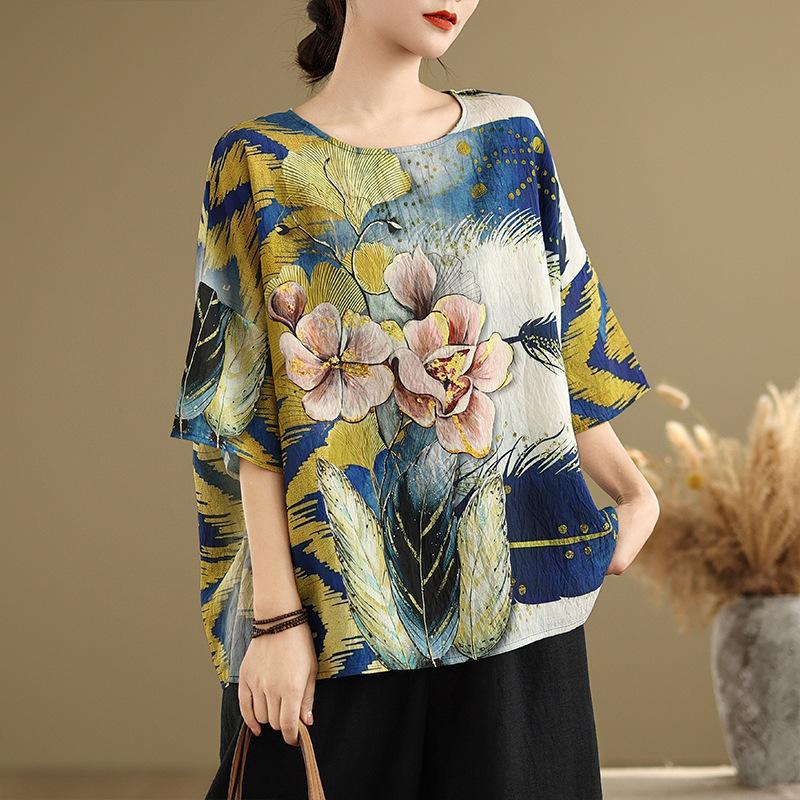 Ethnic Style Large Size Wide Panasonic Swing Doll Shirt Summer Blouse Ethnic Style Print Loose Round Neck Comfortable T-shirt for Women