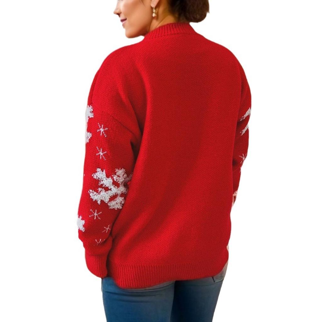 Red Christmas sweater, women's snowflake towel, embroidered round neck long sleeved Christmas themed pullover sweater 3505 KTB