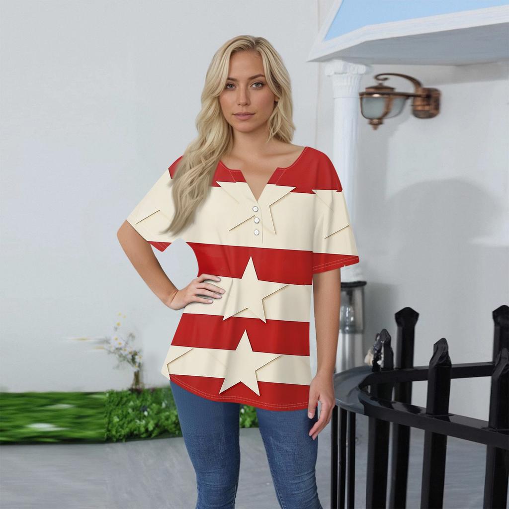 Women's T Shirt Tee Print Button Short Sleeve Daily Weekend Fashion Basic V- Neck Regular Top