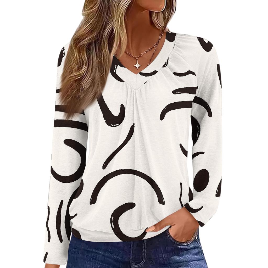 Women's Casual Fashion V-Neck Raglan Pleated Floral Print Long Sleeve Top