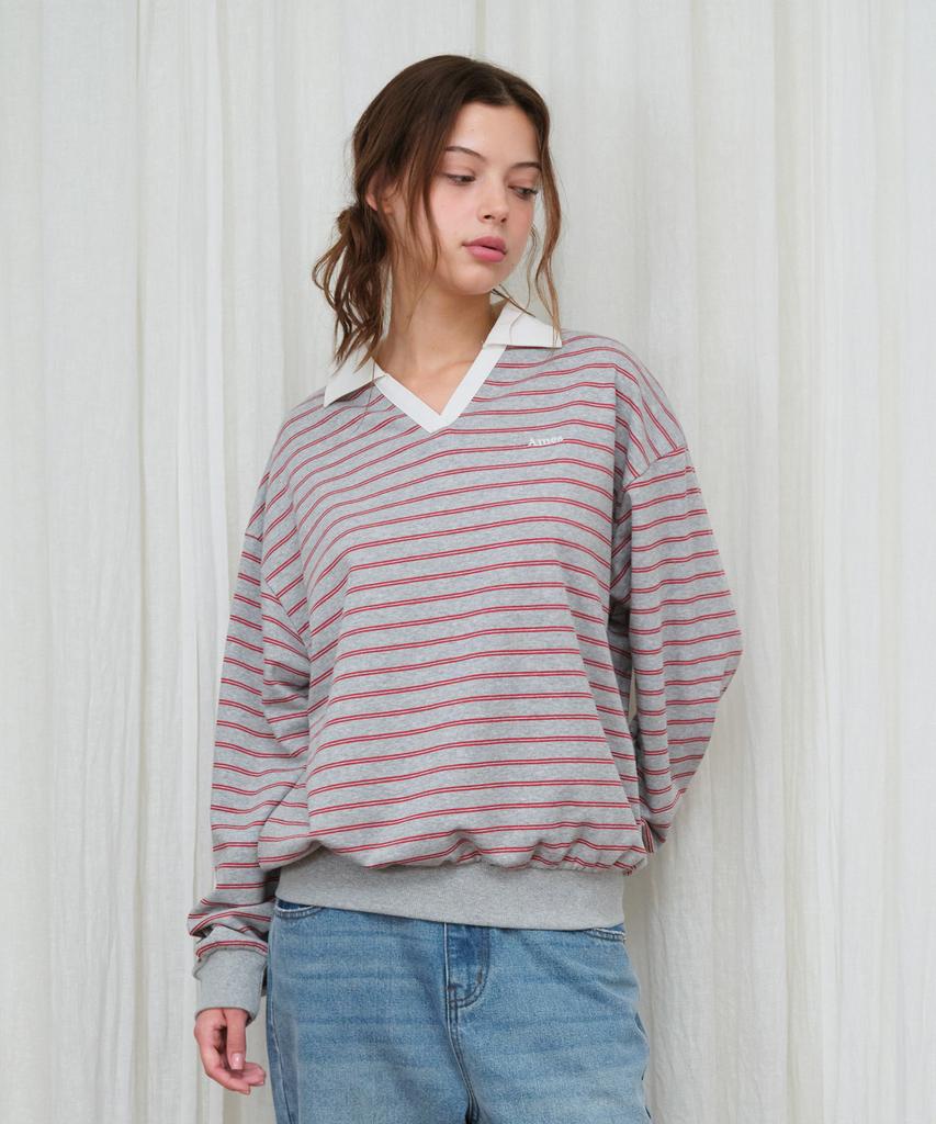 AMES-WORLDWIDE V Neck Collar Stripe Sweatshirt Gray
