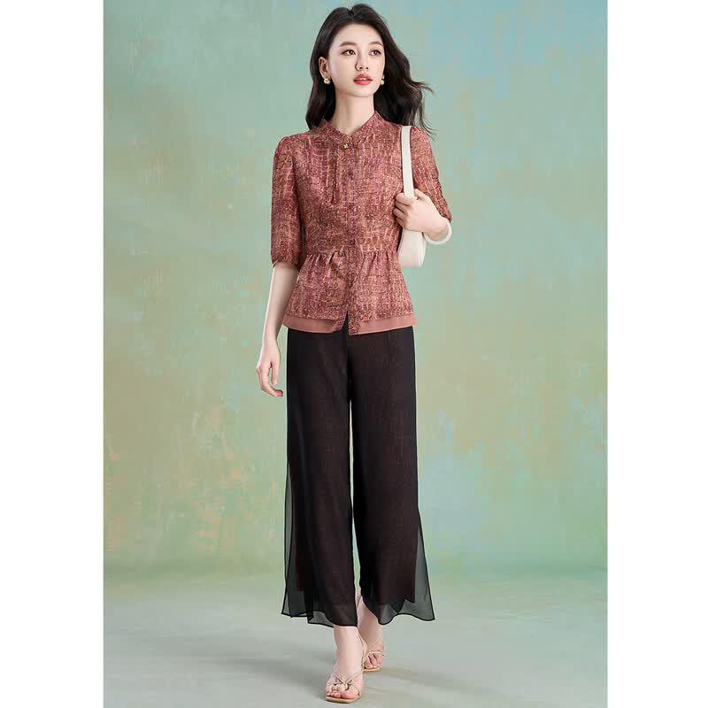 Meilan Ni New Chinese Style Tie-Dye Satin Lace Cardigan & Wide-Leg Pants Set 3XL