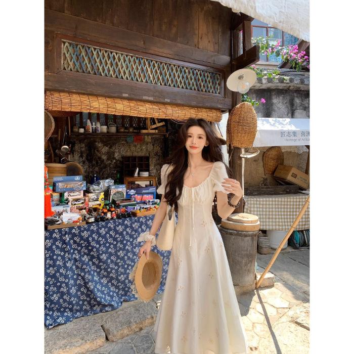 A sweet peach yikett on the run princess long dress summer temperament vacation style thin design sense solid color dress S абрикосовый