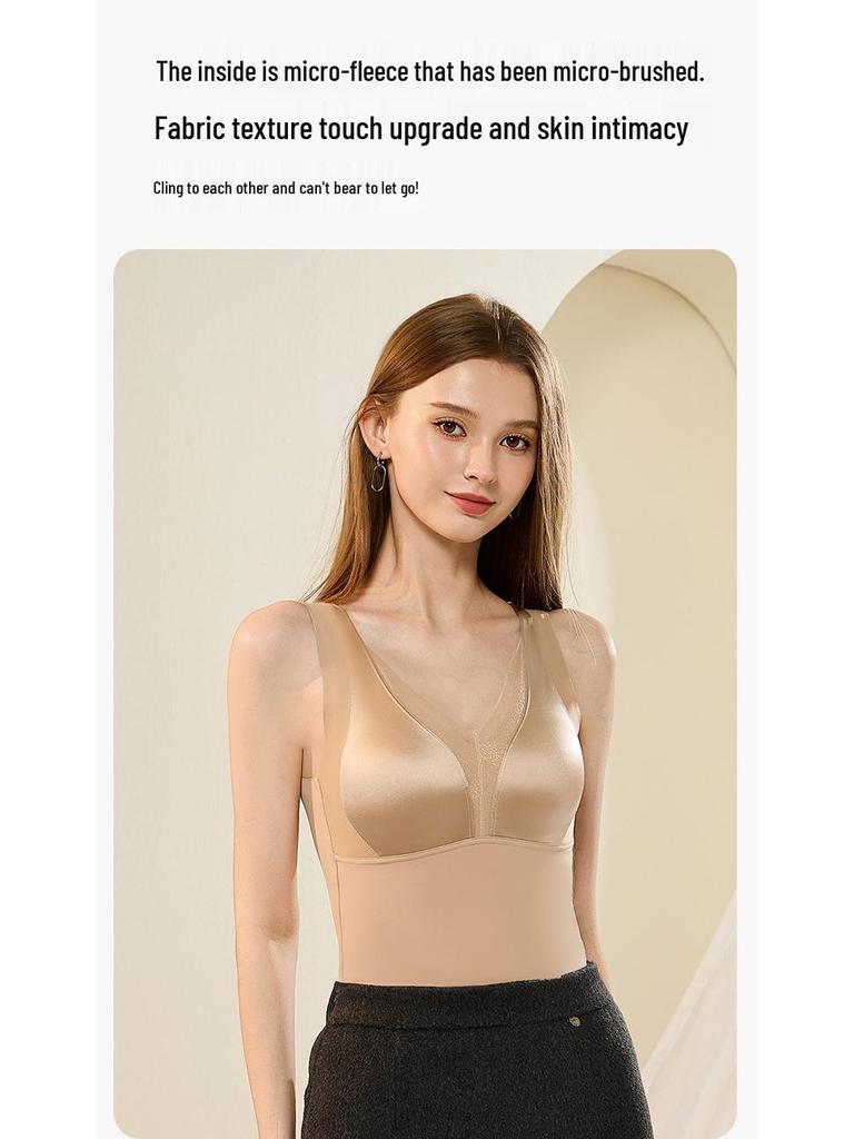 Satin Mesh V-Neck Warm Underwear with Fixed Cup Padding, Micro-Brushed Innerwear.