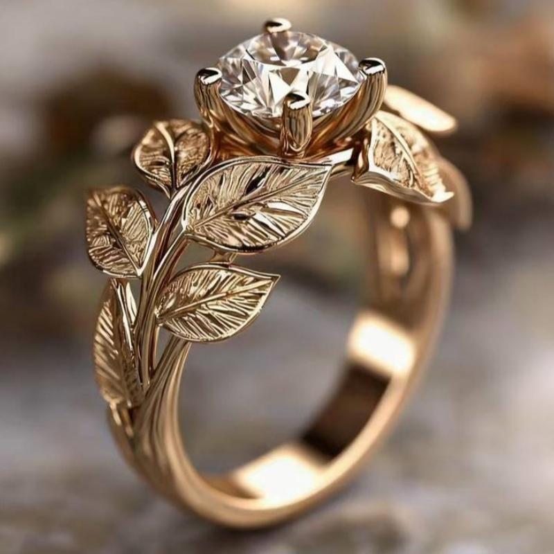 Gorgeous Inlaid White CZ Leaf Women's Ring Creativity Gold Color Hand Carving Daily Wear Party Jewelry Anniversary Gift