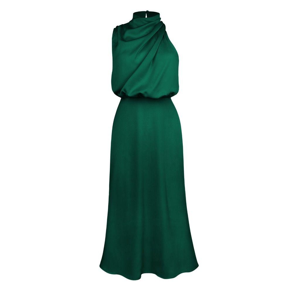 Pure Color Sleeveless Skirt Satin Silk Holiday Party Dress Fashion Long Evening Dress  Club
