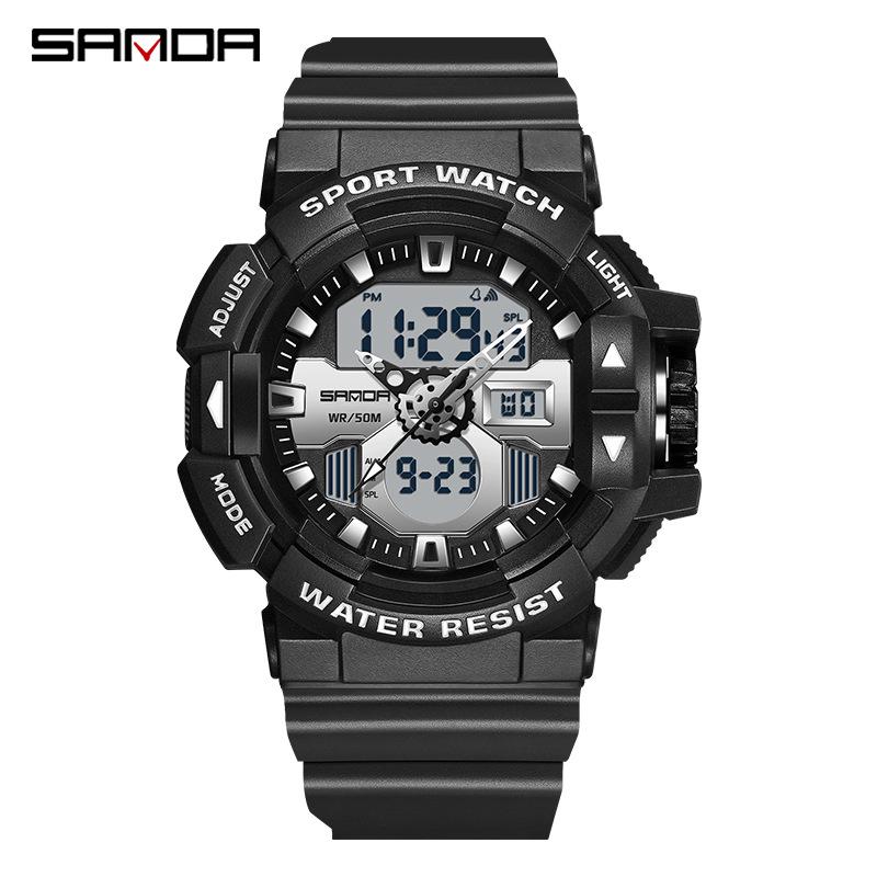 Sanda Men's Dual Display Waterproof Sports Watch: Multifunctional, Luminous, Fashionable, and Versatile for Outdoor Activities.