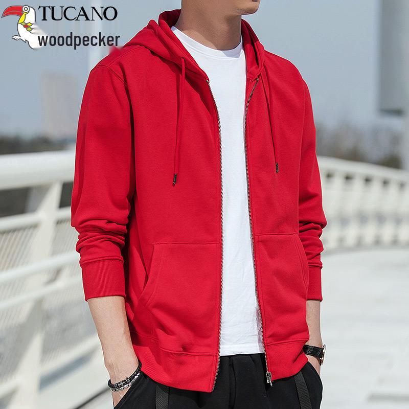 

Men s Ribbed Loose Fit Hoodie - Woodpecker, Plus Size Cardigan, Spring/Autumn Casual Sport Jacket, Trendy Style. 2XL (80-88kg) яскраво-червоного кольору