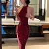 2026 New Women's Elegant Shiny Party Bodycon Robes Sexy Slim Sequins Red Sleeveless Long Dress Fashion Solid Maxi Gown Dresses