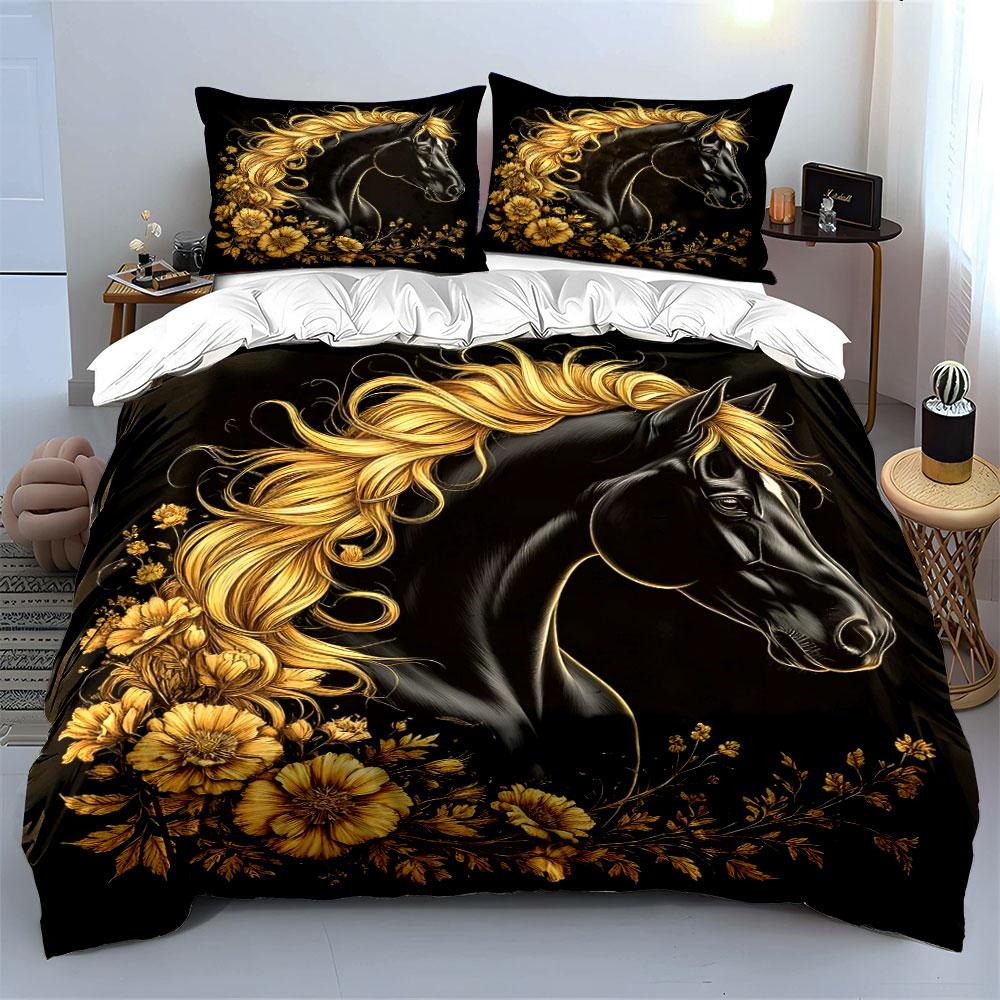 Golden Floral Horse Art Set  Kid'S And Adults' Bedroom Decor, Exquisite Three-Piece Bedding Set Gift
