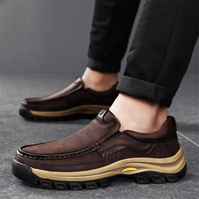 Fashion Mens Leather Shoes Slip On Casual Shoes Wear Resistant Anti Skid Round Toe Loafers Thick Bottom Dress Footwear All Season Soft S
