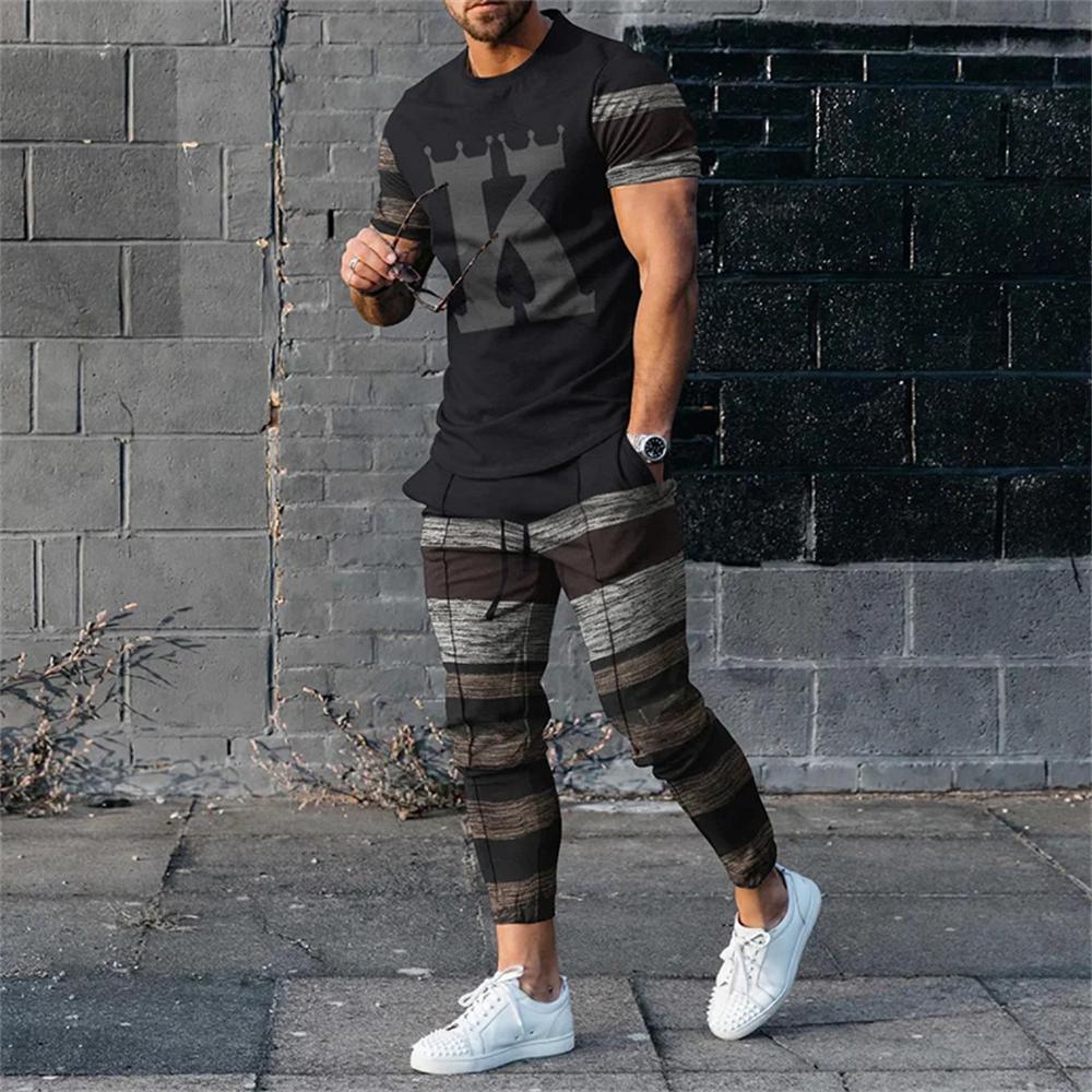 Men's Trousers Tracksuit 2 Piece Set Fashion Casual Sportswear Summer Short Sleeve T Shirt Long Pants Clothing