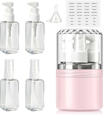 XCXZBC 4 In 1 Travel Dispenser Bottle, Travel Kit for Toiletries with Two 50ml Pump Shampoo Bottle, Two 50ml Spray Bottle and Labelings, TSA Appr