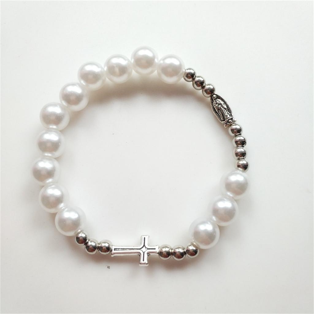 Catholic Cross Rosary Bracelet Vintage Elastic Beaded Chain Baptism Rosaries Bangle Wristband for Men Women Jewelry Gift
