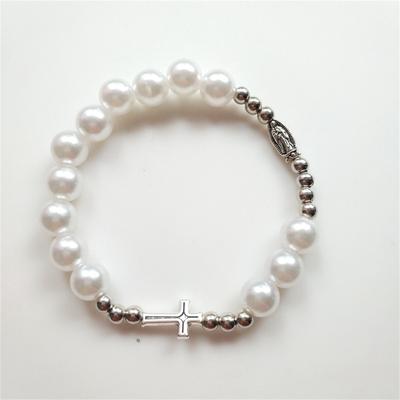 Katholisches Kreuz Rosenkranz Armband Vintage Elastische Perlenkette Taufe Rosenkränze Armreif Armband für Männer Frauen Schmuck Geschenk