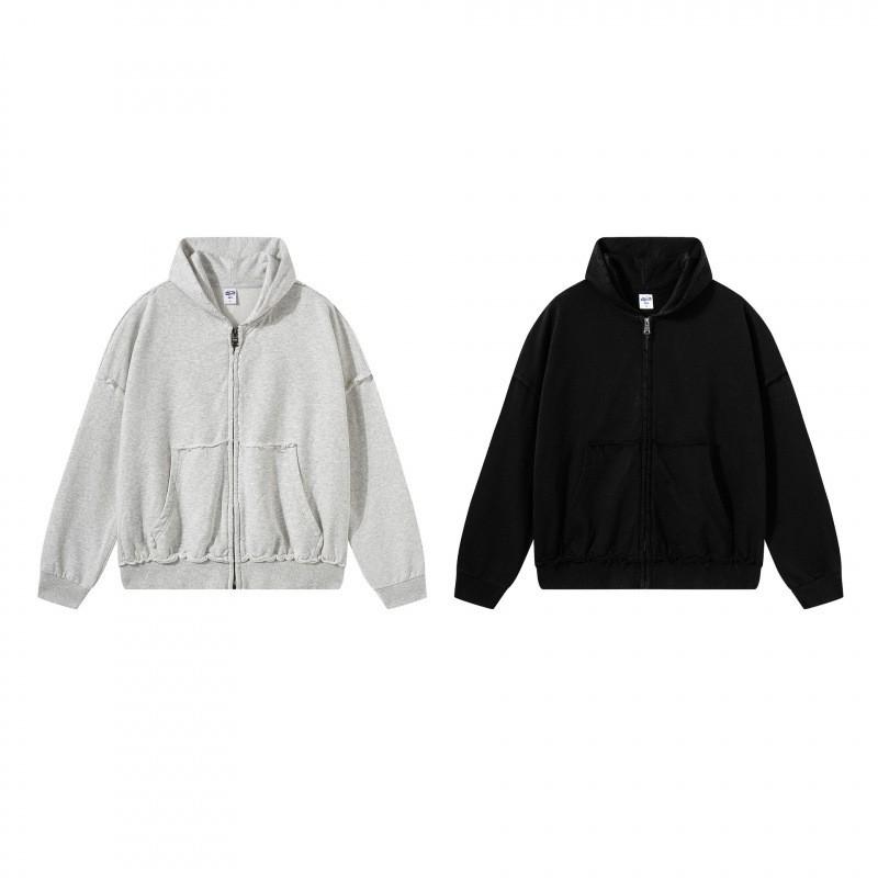 430GSM Heavyweight Cotton Washed Frayed Zip Hoodie Unisex Streetwear