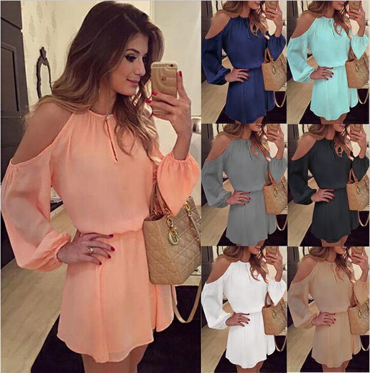 Buy GuYueQiQin Chiffon Offshoulder Strap Long Sleeve Casual Solid