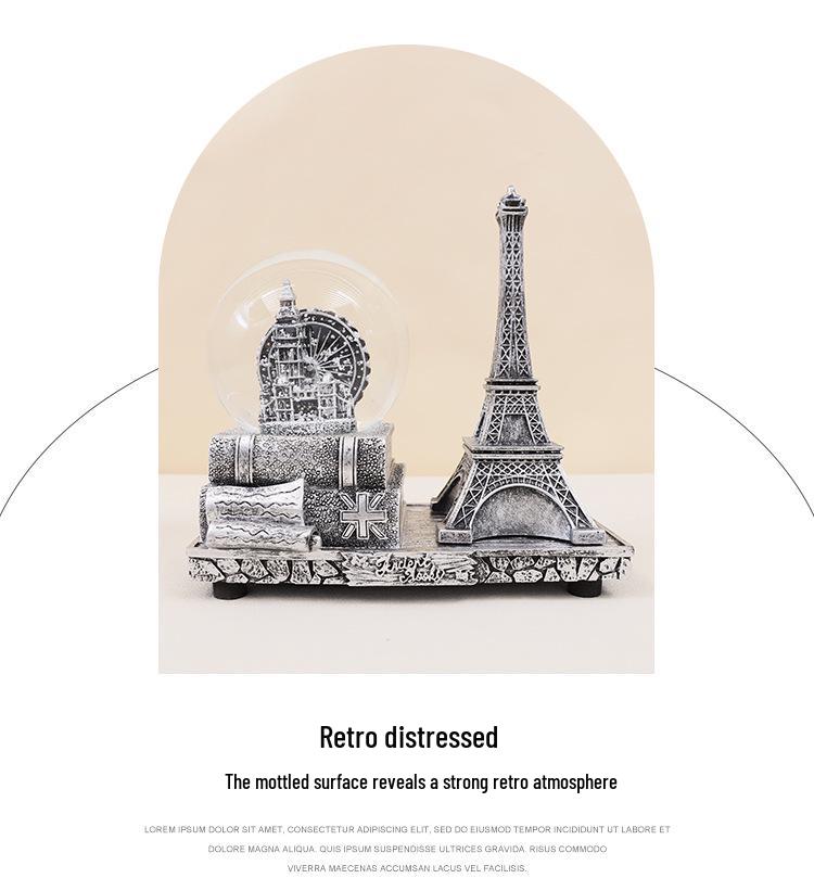 Creative Luminous Eiffel Tower Snow Globe Music Box - Retro Desktop Decoration