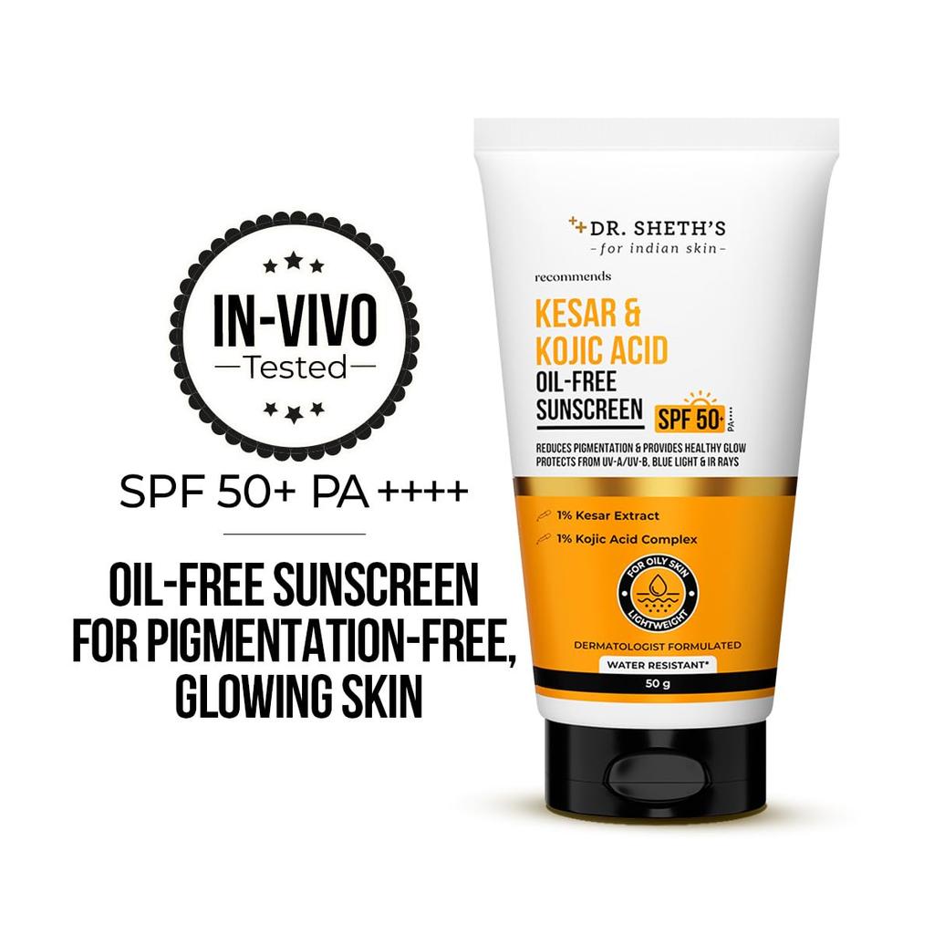 Dr. Sheth's Kesar & Kojic Acid Oil-Free Sunscreen SPF 50+ PA++++ 50 G Pack for Oily Skin Protection