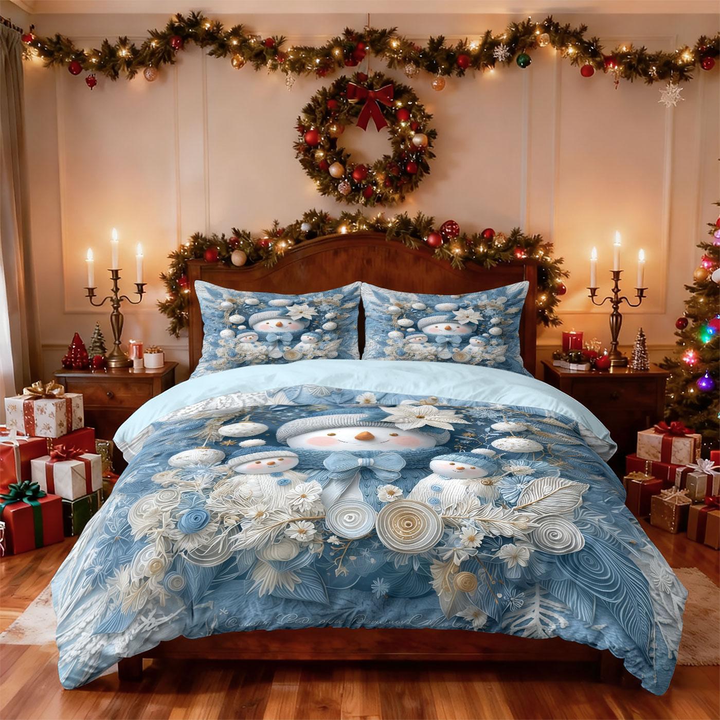 

3Pcs Blue Merry Christmas Cartoon Snowman Print Coreless Bedding Set Multi Size Bedding Decoration Comfortable Machine Washable 135x200cm-EU-Single&set