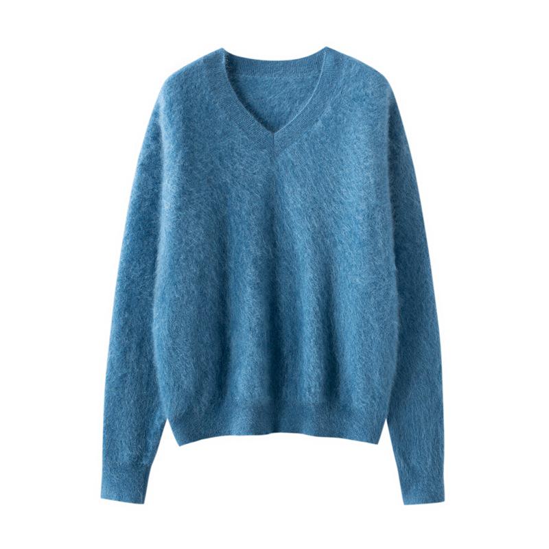Versatile Cashmere Silk V-Neck Brushed Solid Color Loose Knit Pullover Sweater