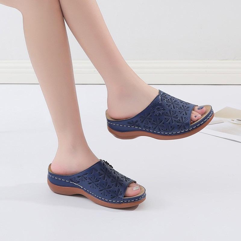 Round head retro solid color women's sandals hollowed out sewn wedges comfortable large size sandals mother shoes