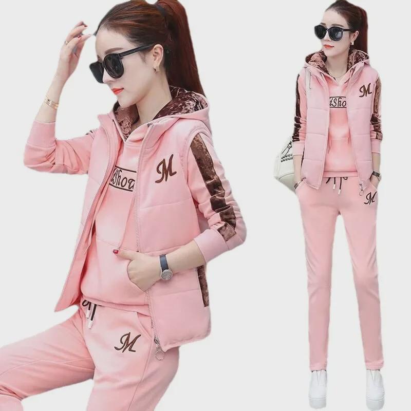 Women's Plus Size Velvet Sportswear: Thickened Three-Piece Suit for Autumn/Winter 2023 Casual Fashion