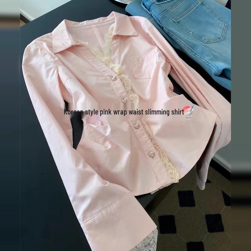 

Женский весенний 2025 розовый кружевной приталенный топ с длинным рукавом во французском стиле M