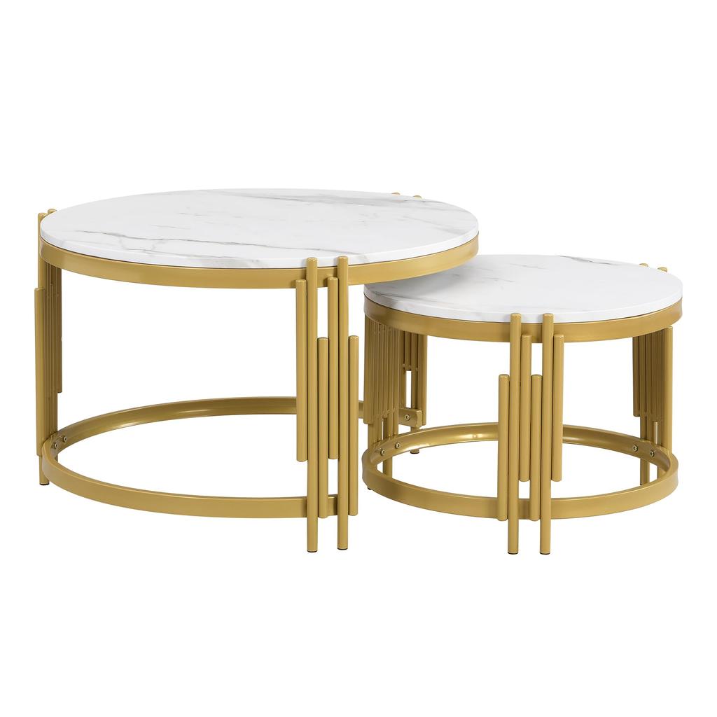 Modular Coffee Table Set, Marble Look, Golden Metal Frame, Round Tables In 2 Sizes, Nestable Design, Space-saving, Artistic Table Legs