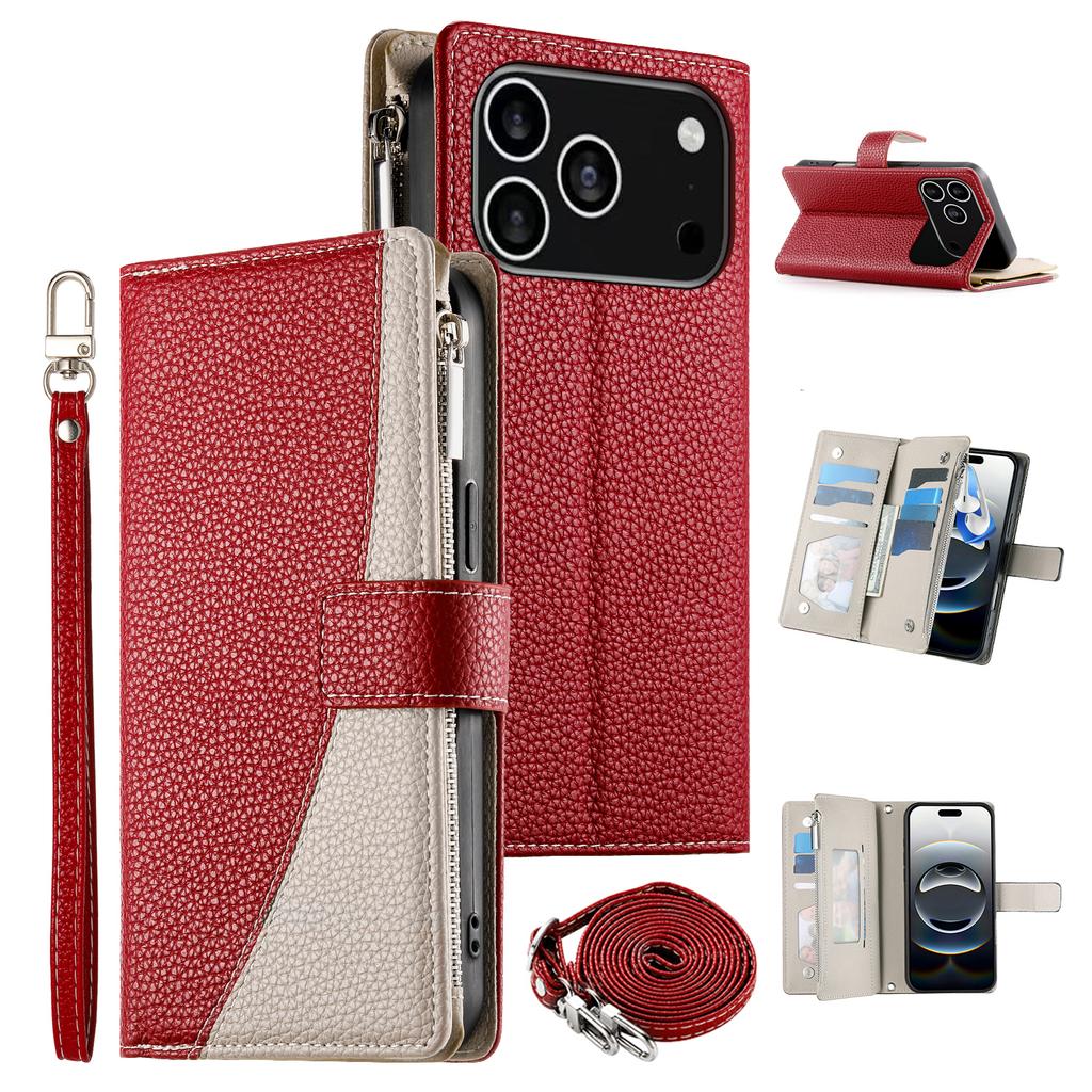 For iPhone 17 Pro Case Zipper Wallet Color Splicing Leather Flip Phone Cover with Straps