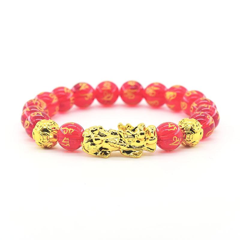 Pixiu Armband Feng Shui Rijkdom en Geluk Armband Heren Polsband Goudkleur Obisidiaan Steen Kralen Zwart Zes Karakter Cadeau