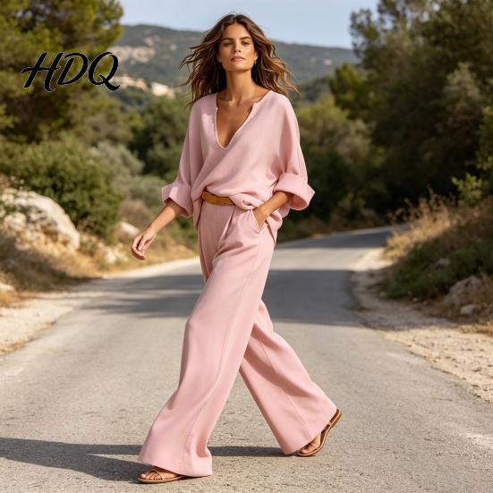 Age-friendly Women Clothing Women's 2 Piece Cotton Linen Set Long Sleeve V