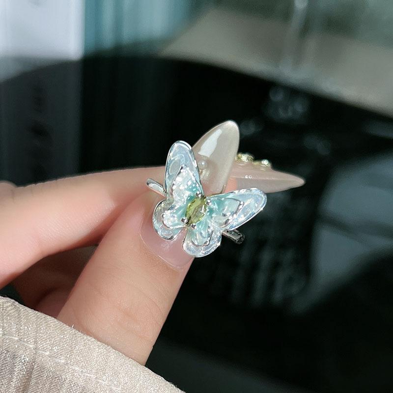 Glacier blue drop glaze double-layer fantasy butterfly light dance three-dimensional butterfly opening ring female cold simple fashion
