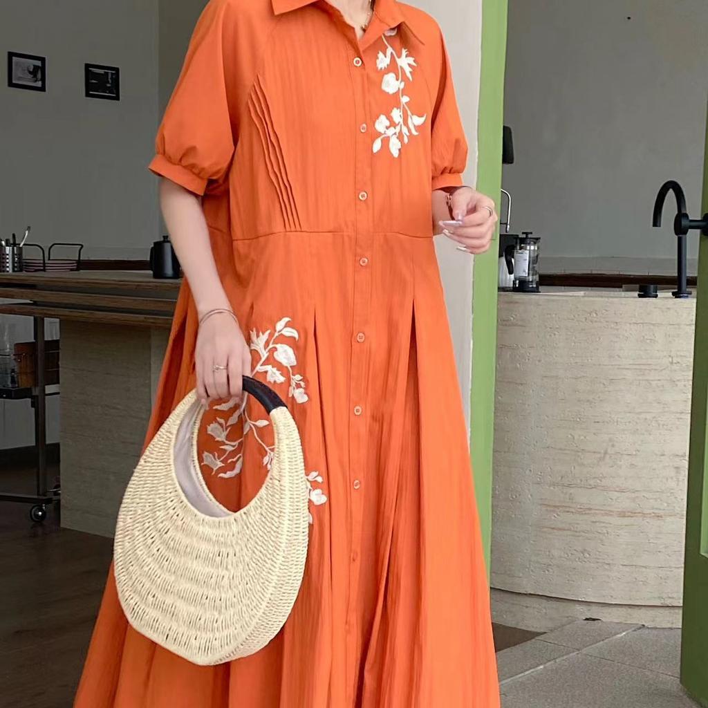 Vintage Loose Embroidery Jacquard Lace Up Design A-line Dress Woman Elegant Lapel Single Breast Pleated Dresses Ins New