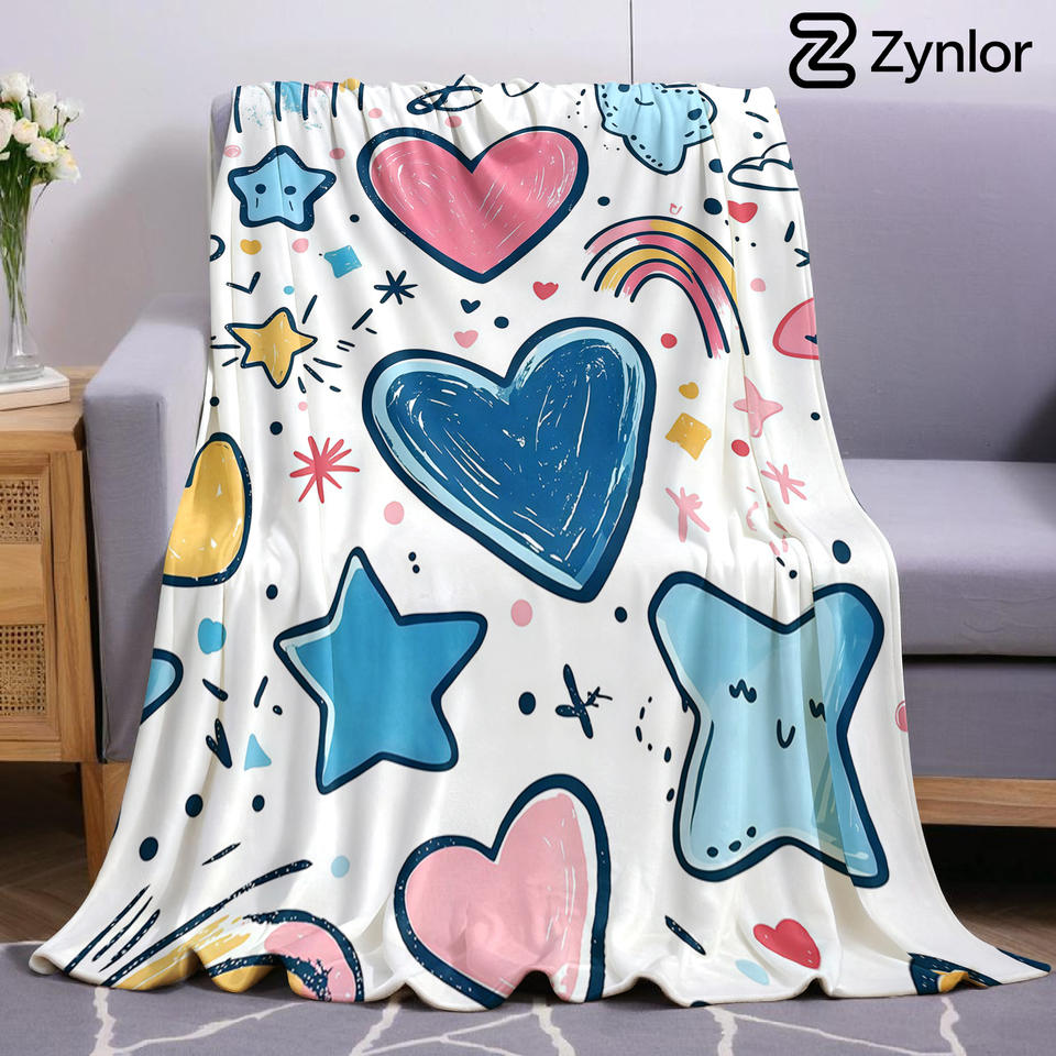 Cute Heart Rainbow Sketch Cartoon Anime Print Flannel Blanket Soft Warm Throw for Kids Bedroom Sofa Bed Christmas Office Car