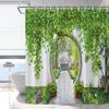 Green Leaf Courtyard Shower Curtain Chinese Style Summer Scenery Arch Flower Plant Vine Bathroom Decoration Polyester Waterproof