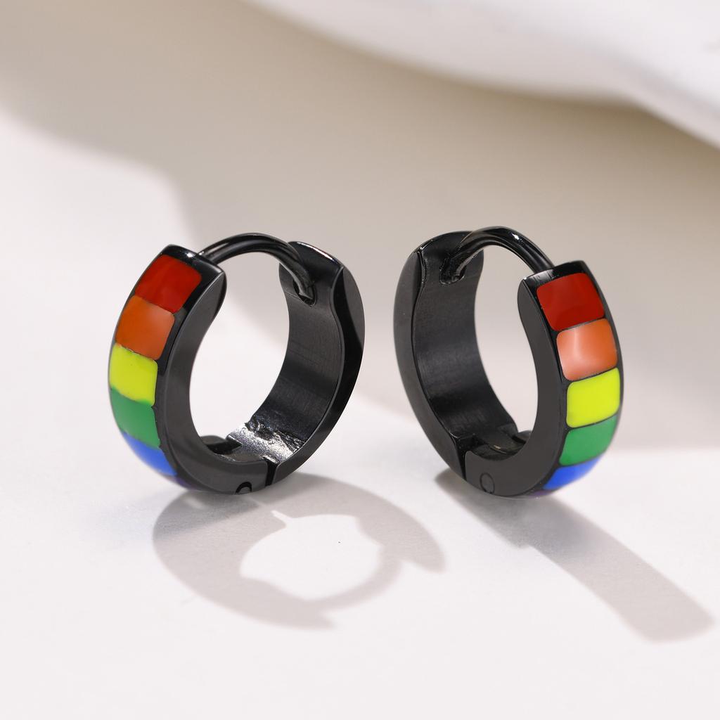 Stainless Steel Rainbow Earrings Pierced Ear Clips Black Gay Pride LGBT Titanium Jewelry