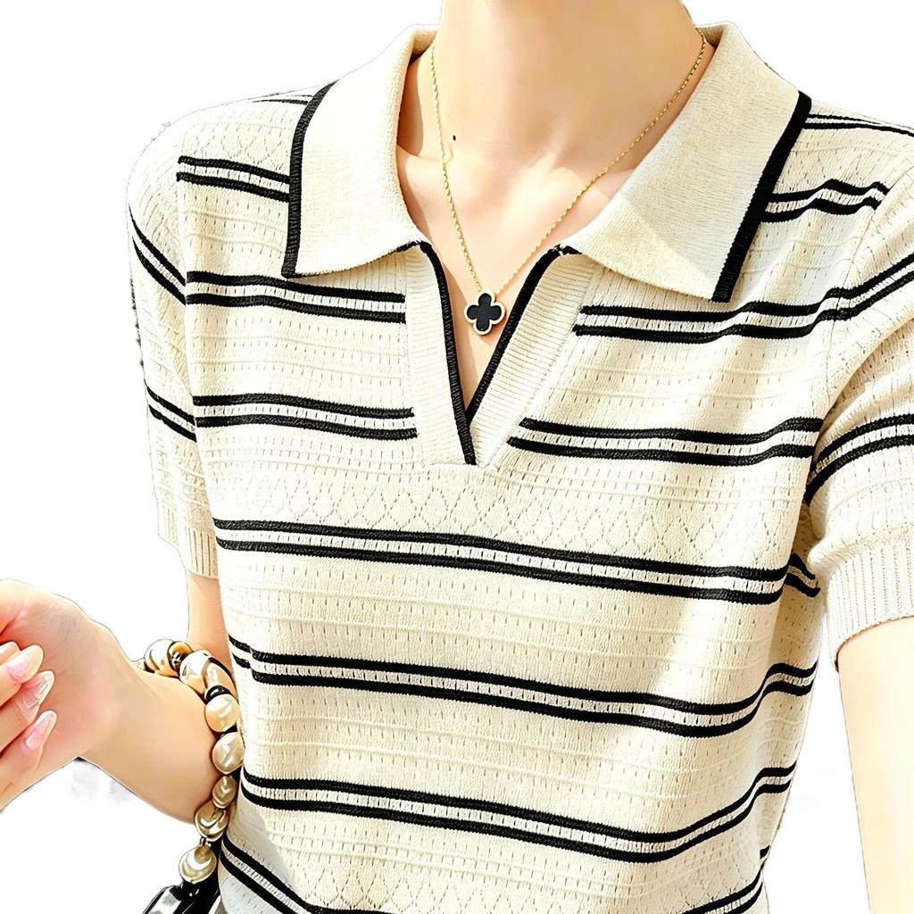 Stylish Contrast Color Knit Short Sleeve Top – Youthful, Slimming, and Fashionable