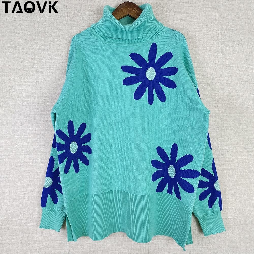 

TAOVK Женские вязаные повседневные свитера с цветами, водолазка, пуловеры, трикотаж, разрез по низу, длинные рукава, верхняя одежда, свободный джемпер L светло-синий