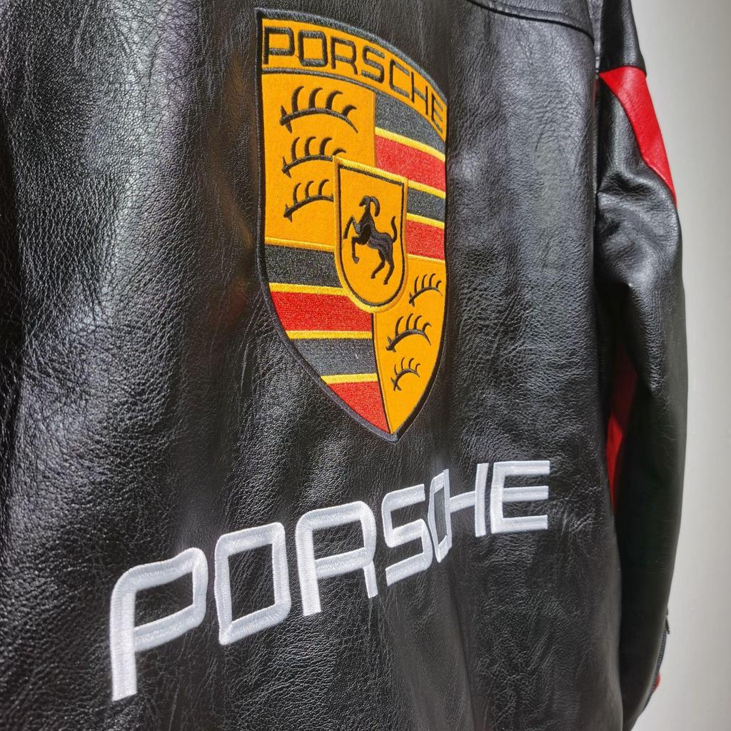 Vintage TwoFold Racing Jacket - Heavy Stitch PU Leather with Porsche Embroidery