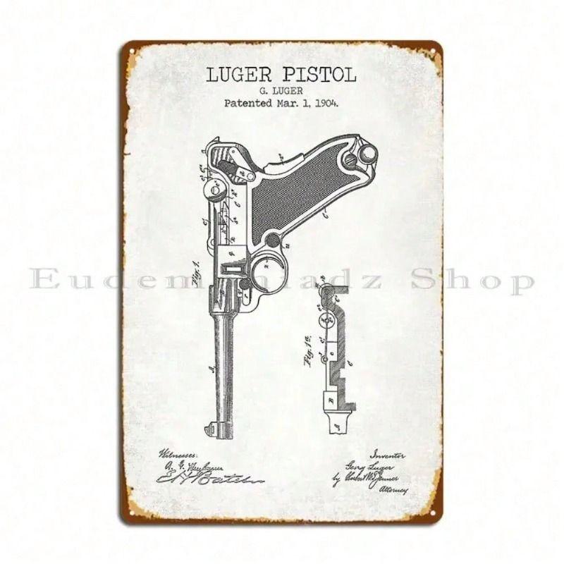 Vintage Luger Pistol Patent Blueprint Metal Poster Wall Art Bar Man Cave Decor