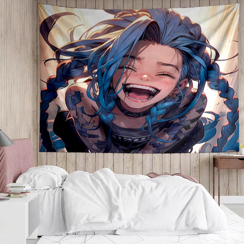 League of Legends Jinx Tapestry for Bedroom Aesthetic Classroom Tapestries Wall Hanging for Living Room Dorm Office,Ideal Creative Gift