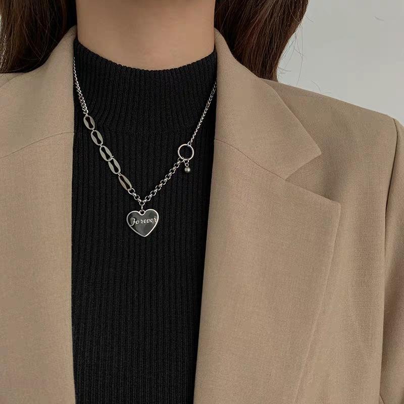 Letter Forever Engraving Stainless Steel Chunky Chain for Women Y2K Love Heart Pendant Necklace Cool Streetwear Neck  New