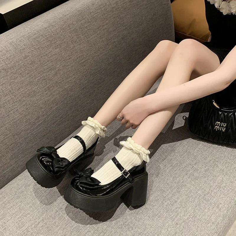 Fashion 2025 Summer New Coarse Heel  Single Shoes Fashion Bowknot Thick Heel Round Toe Pumps Trendy Street Lolita Shoes