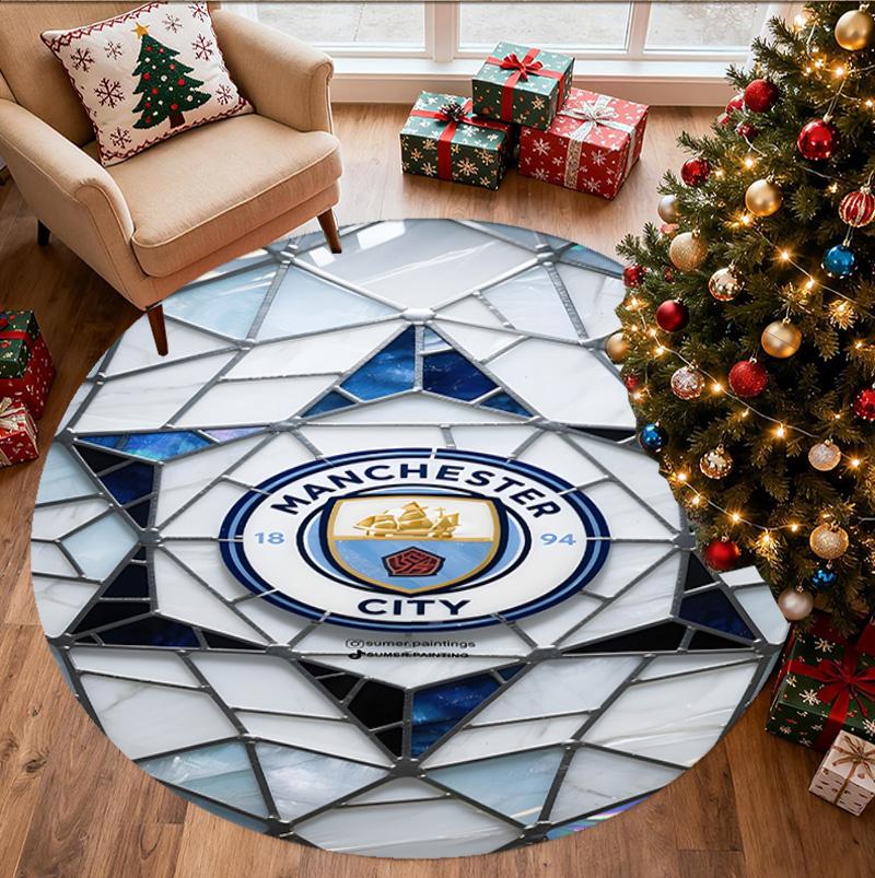 Manchester City FC Pattern Round Rug, Indoor/Outdoor Mat, for Picnic, Gameroom, Bedroom, Office, Living Room, Home Decor Carpet, Birthday Gift