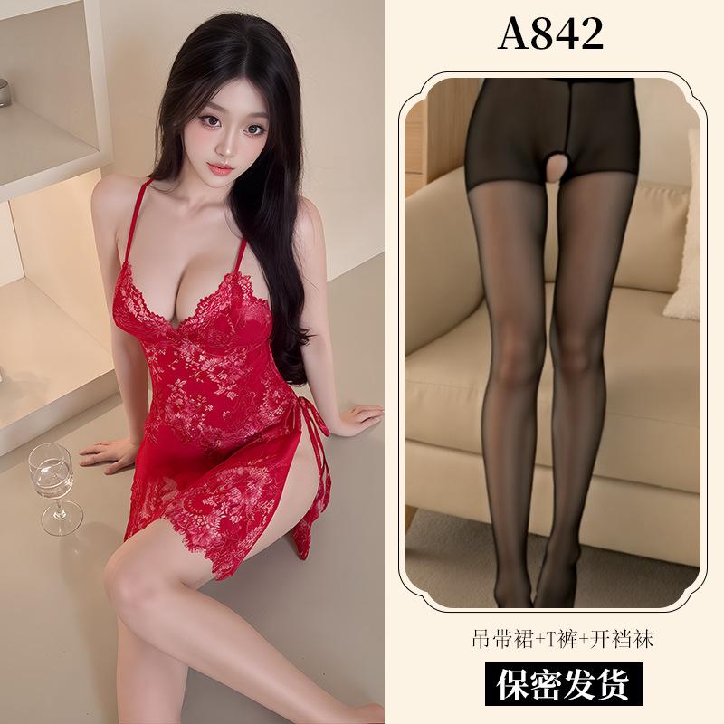New Sexy Underwear Women's Sexy Lace Suspender Skirt Lace-up Nightdress Uniform Temptation European and American Pajamas A