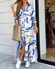 Women's Long Sleeve Shirt Dress V Neck Loose Fit Asymmetric Printed Casual Maxi Dress