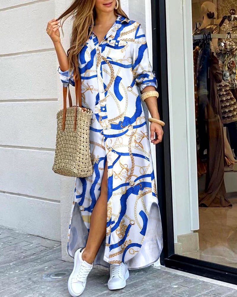 Women's Long Sleeve Shirt Dress V Neck Loose Fit Asymmetric Printed Casual Maxi Dress