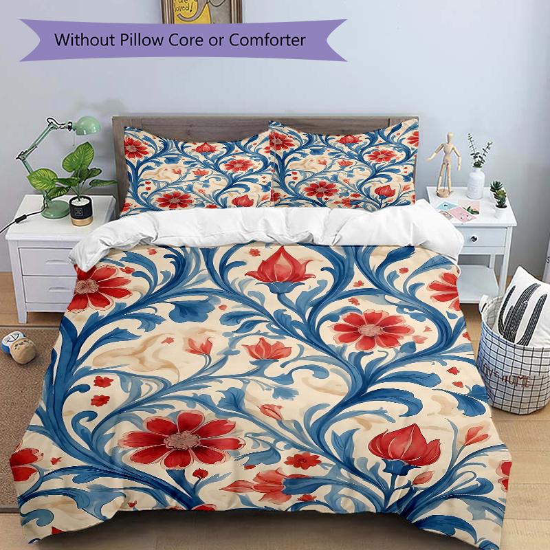 

3pcs Red Flowers and Blue Vines Quilt Set Cartoon Themed Bed Quilt Set Lovely Character Bedroom Decor Bed Quilt Set 135x200cm